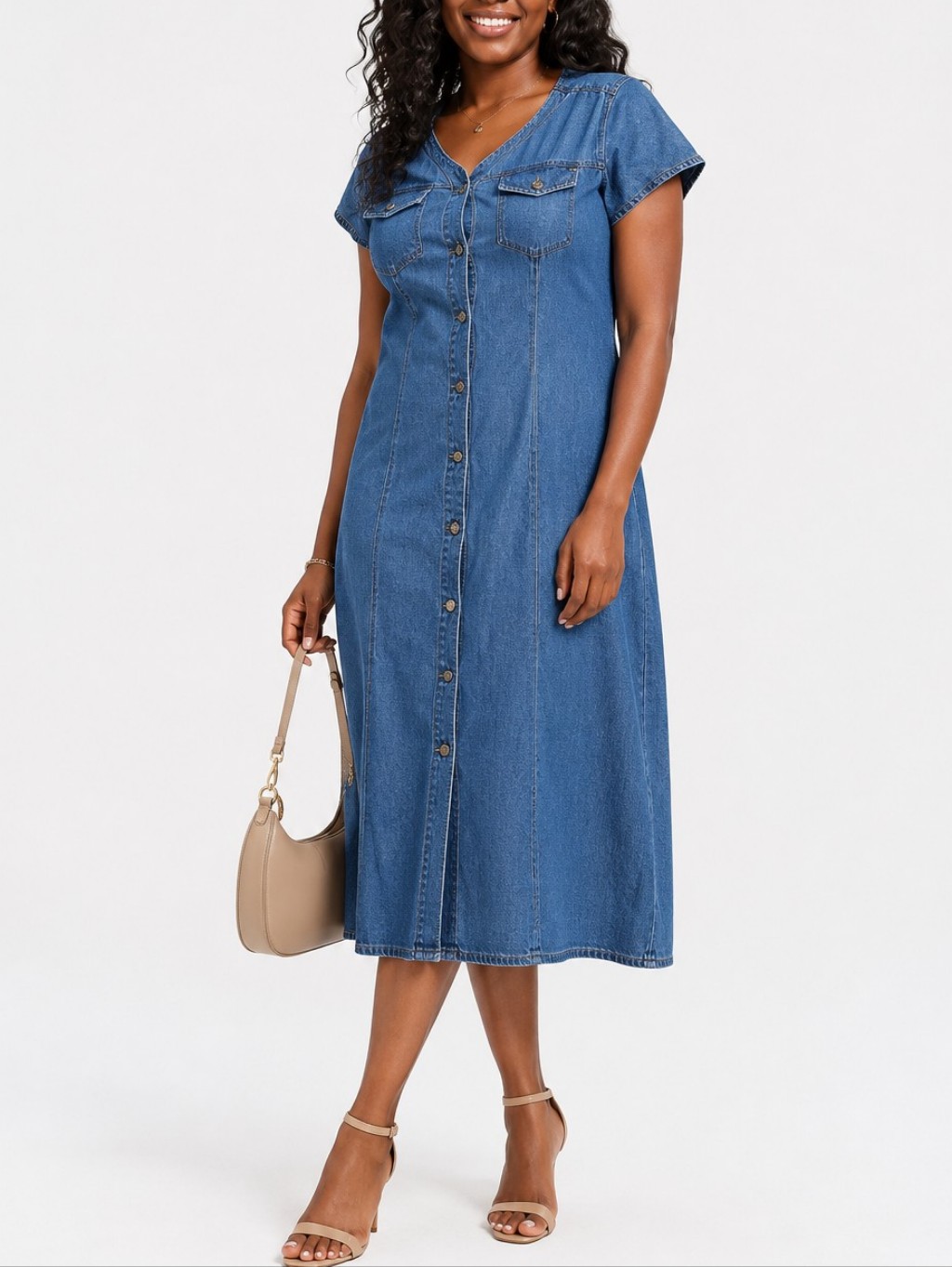 Button-Front Denim Jean 90's A-Line Classic V-Neck Chic Dress Y2k Small